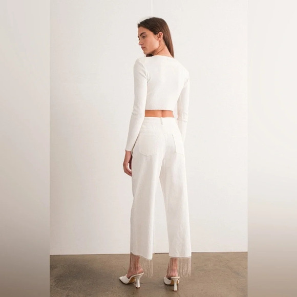 The Dixie Beige Rhinestone Fringe Long Sleeve Crop Top Disco Cowgirl Swifties L - Picture 9 of 10